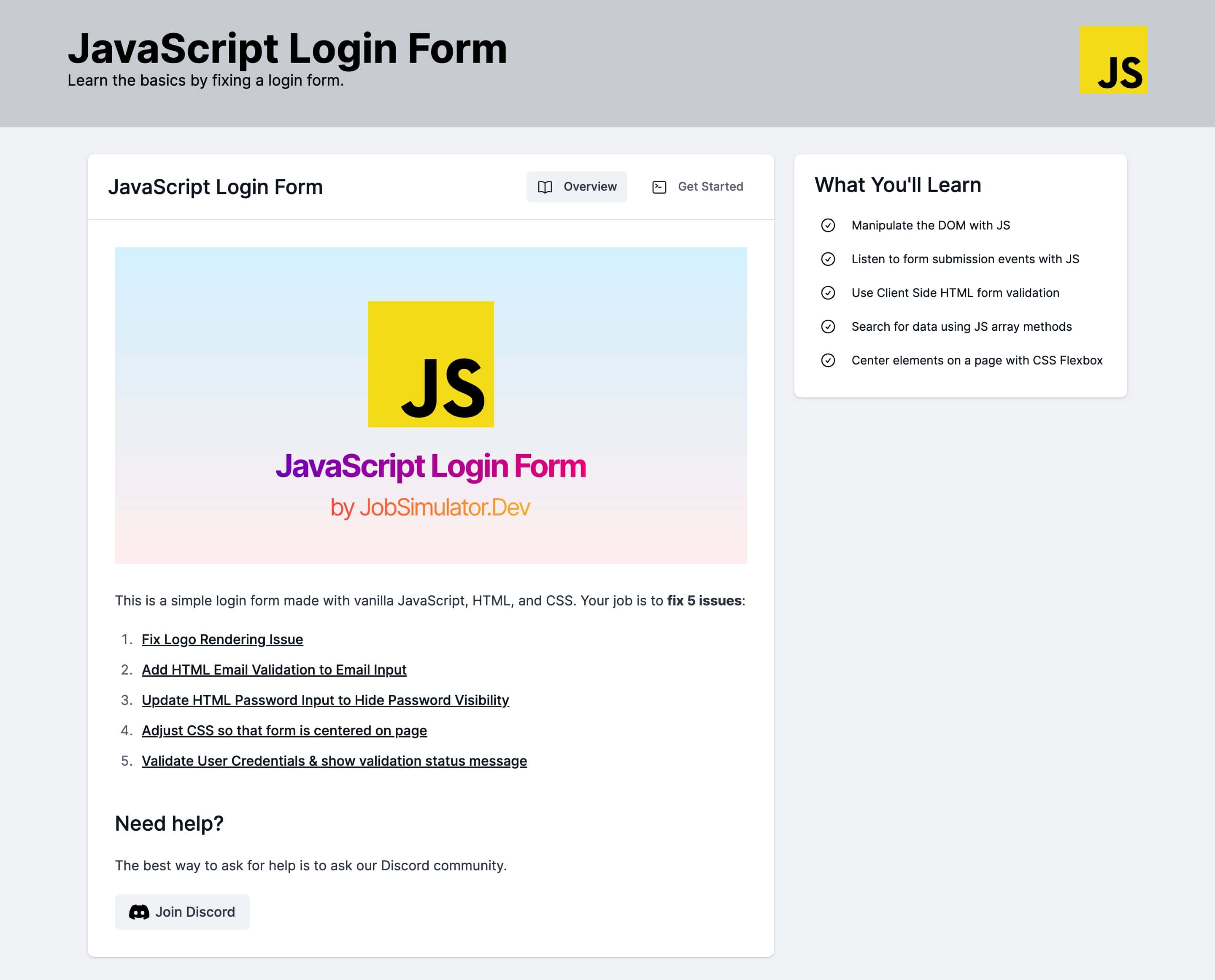 An image of the Codebase Mentor JavaScript Login Form challenge page.