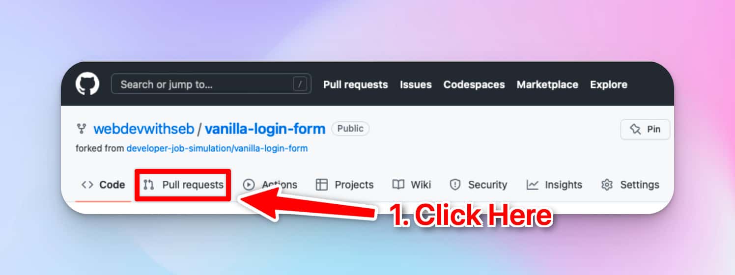 An image of the Codebase Mentor JavaScript Login Form GitHub repo, with an arrow pointed at the Pull Requests tab.
