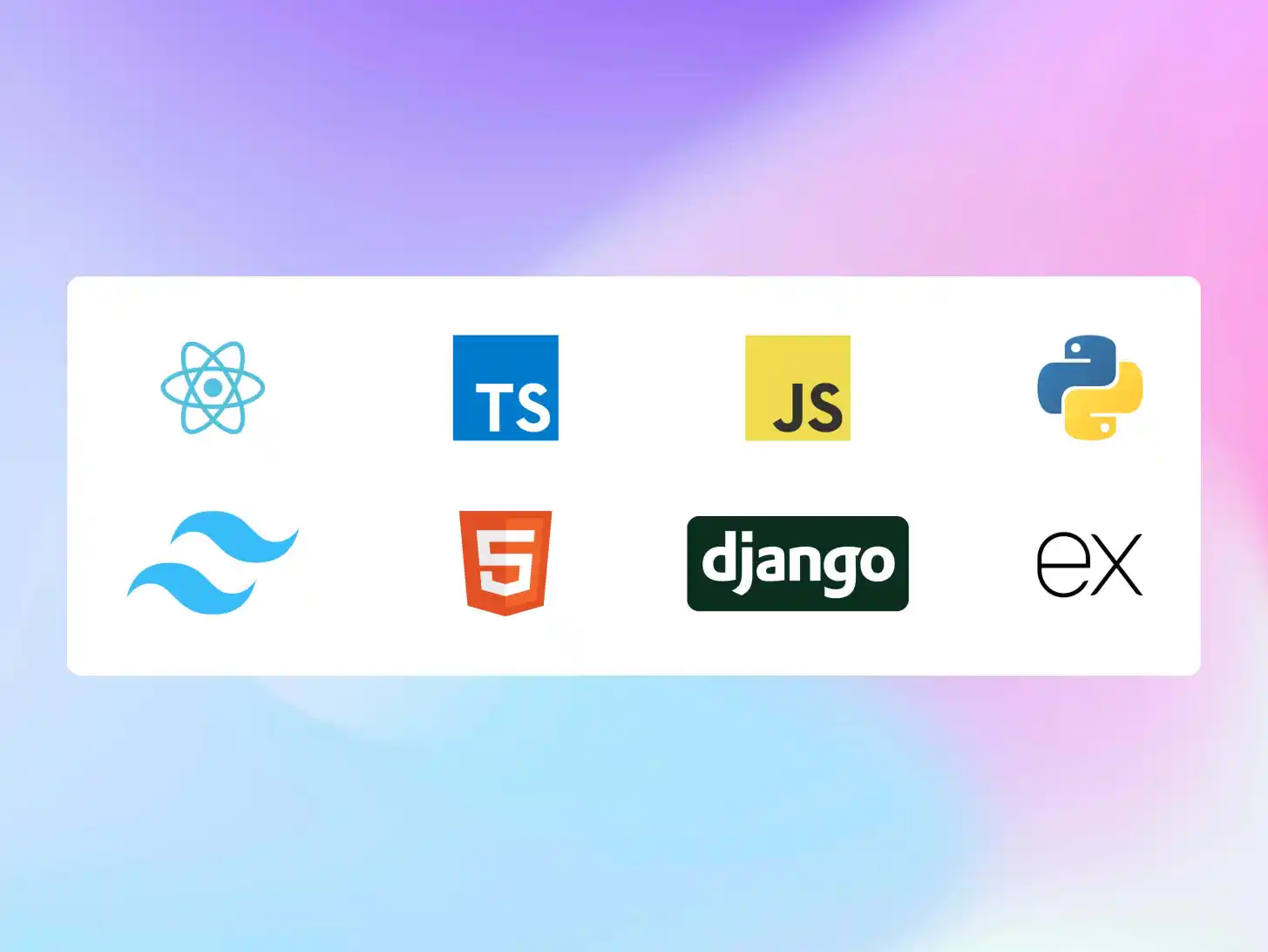 An image of the various programming languages (JavaScript, TypeScript, Python, HTML) and frameworks (Django, React, TailwindCSS, ExpressJS) you can try on Codebase Mentor.